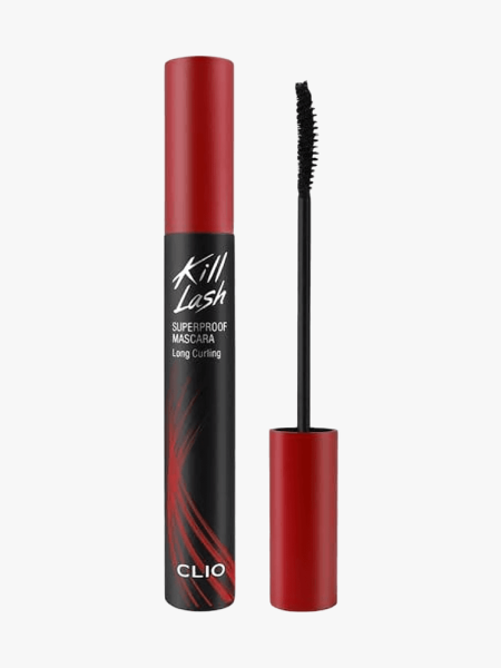 Clio Kill Lash Superproof Mascara in branded component on a light gray background